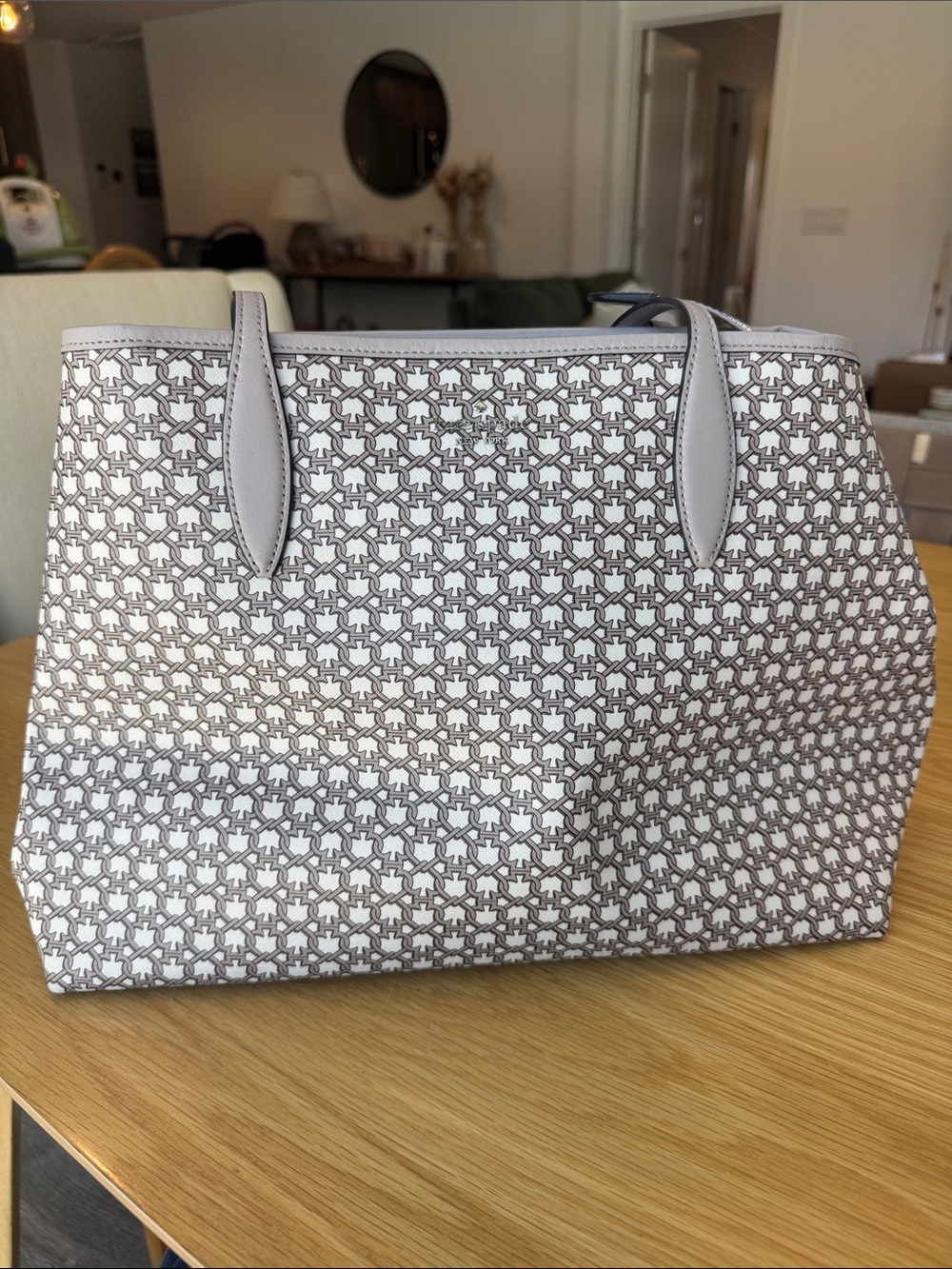 Kate Spade Small White Patterned Tote Bag with Mauve Accents